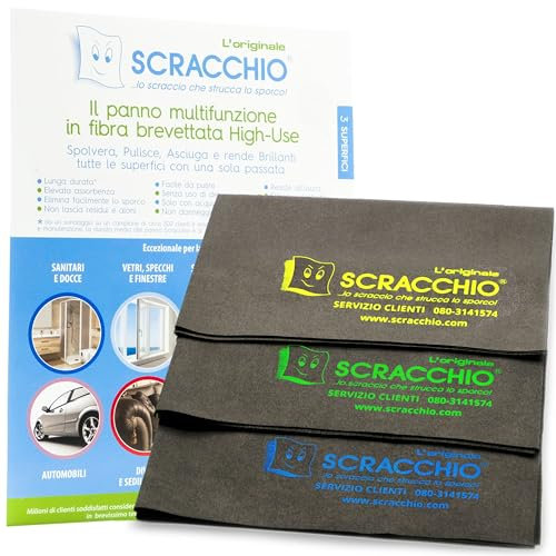 Scracchio L'Originale, il Panno Magico in Microfibra Brevettata con Durata +5 anni che pulisce Solo con Acqua. Panno multiuso, pulisci dai Vetri all'Acciaio con Zero Aloni, risultato Garantito. (3pz)