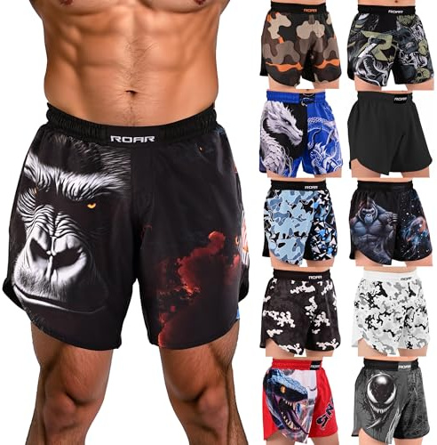 ROAR-INT BJJ Shorts Grappling Kickboxing Muay Thai Boxing Shorts MMA Fight Shorts for Men (US, Alpha, XX-Large, Regular, Regular, Angry-Gorilla)