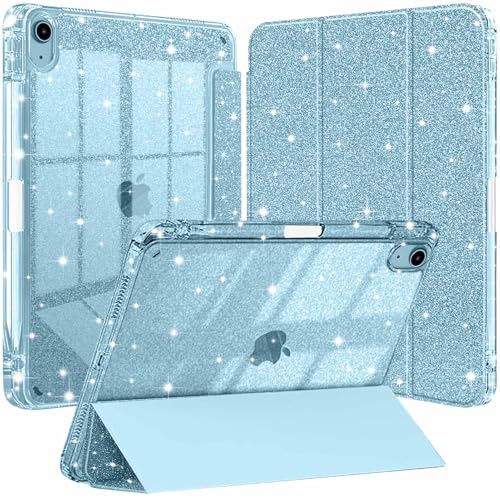 Newbillion Custodia per iPad (A16) 11a Generazione 11 2025/10a Gen 10,9 2022, Cover Trifold Sottile con Glitter Posteriore in PC Trasparente con Portapenne, Auto Sveglia/Sonno, Glitter Cielo Blu