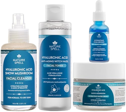Nature Spell Hyaluronic Acid & Snow Mushroom Hydration Set, Face Wash, Toner, Serum & Face Cream, Deep Skin Moisturising, Vegan, Cruelty Free, Alcohol Free, Pack of 4