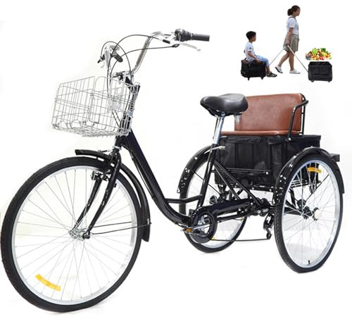 WhFKLca Triciclo per Adulti Da 24 Pollici, Bicicletta a 3 Ruote Con 7 Velocità, Sedile Posteriore E Cestino Portaoggetti, Triciclo Tandem, Con Freno Sensibile, Carico Massimo 300 Libbre