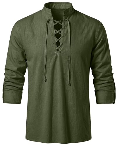 FJKVKDT Chemise médiévale Renaissance pour homme, manches longues, col | Haut à lacets, style pirate, viking, gothique, vintage, pour cosplay, Halloween, LARP et usage quotidien