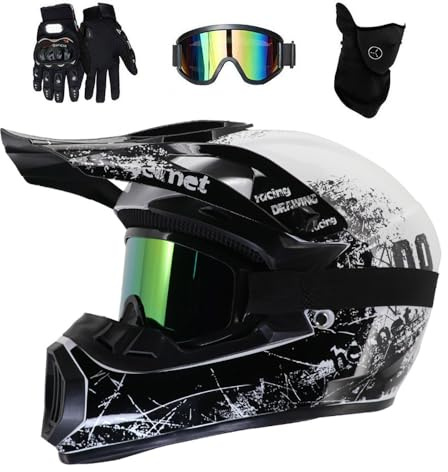 Dual Sport MTB Motocross Helmet, with Goggles Gloves Mask, Unisex Youth Full Face Off Road ATV Scooter Motorbike Helmet, Downhill Enduro Racing BMX Dirt Bike Crash Helmets(White Black,M/56-57CM)