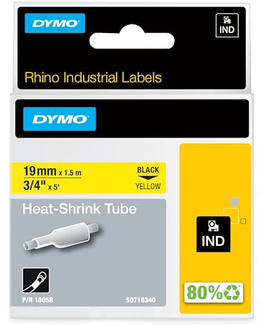 DYMO Rhino Industrial Heat-Shrink Cable Label Tubes | 19 mm x 1.5 m | Black Print on Yellow | for Rhino Label Makers