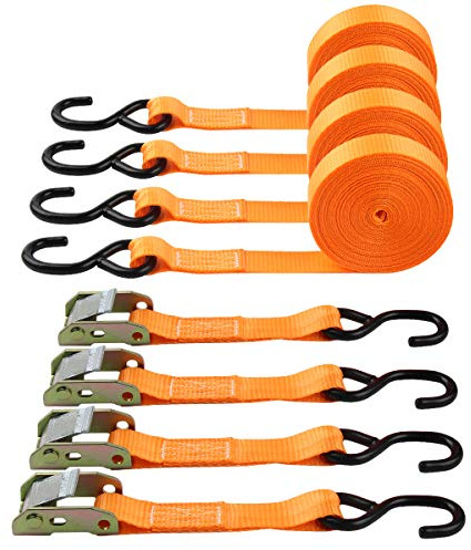 Tie-Down Cam Straps, JCHL Ratchet Tie Down Strap 1 x20' Lashing Strap Cargo Tie Down Strap Polyester Webbing Coated S-Hooks Cambuckle Metal Buckles 1000lbs Capacity Securing Straps (Pack of 4)