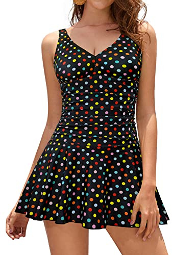 SHEKINI Femme Vintage rembourré Sexy Maillot de Bain Robe avec Jupette Une Pièce Bikini Robe de Plage Push Up Amincissante Sport Beachwear Swimwear Eté Mode(XL,Points Colorés)