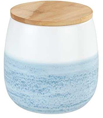 WENKO Aufbewahrungsdose Mala 1 L, hochwertige Keramikdose in Weiß mit Aquarell-Dekor in Blau, FSC zertifizierter Bambusdeckel mit Silikonring zur luftdichten Aufbewahrung, Ø 13 x 13,5 cm