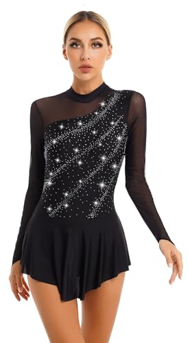 Freebily Abito da Pattinaggio Artistico Donna Paillettes Leotards Vestito Danza Classica Manica Lunga Body da Balletto Ballerina Costumi di Danza Samba Rumba Jazz Dancewear Nero M