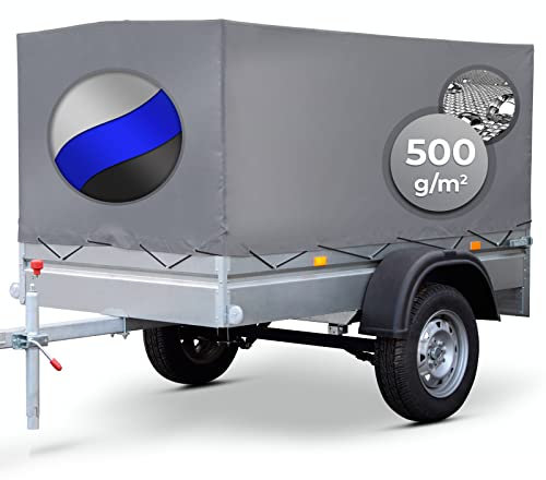 Anhängerplane - 2 Reißverschlüsse, 20 Ösen, 2075 x 1150 x 900 mm, wasserdicht, Blau, Grau, Schwarz - Hochplane, Abdeckplane, Abdeckung, Gewebeplane, Plane für PKW Anhänger, Autoanhänger