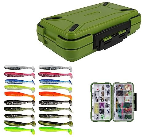 RoadLoo Boîte Pêche Etanche avec 30 Compartiments et 20 Leurres en Caoutchouc Petits Accessoires Pêche (Vert)