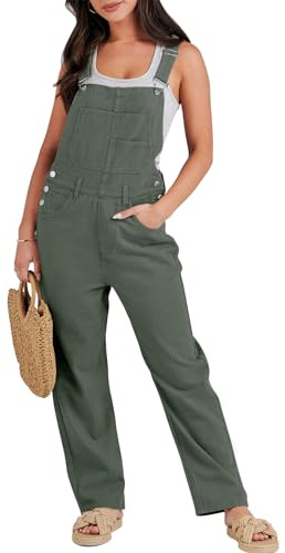 ANRABESS Overalls for Women Loose Fit Denim Overalls Adjustable Strap Jean Jumpsuit Bib Romper 2025 Fall Casual Work Outfits Army Green Medium