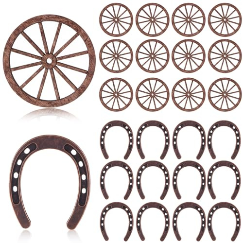 Junkin 24 Pcs Western Theme Party Decorations Mini Horseshoes Wagon Wheel Crafts Western Table Centerpieces Lucky Horseshoe for Wedding Party Favors Supplies Cowboy Cowgirl Birthday Decoration