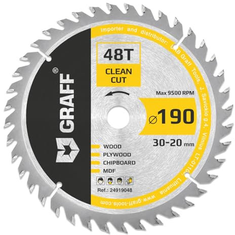 GRAFF Lame de Scie Circulaire à Bois 190 x 30 mm 48 Dents (anneau 20 mm) - Idéale pour Fines Dans le Bois Tendre et Dur - Compatible Scies À Onglets Et Scies De Table avec Dewalt Makita Bosch