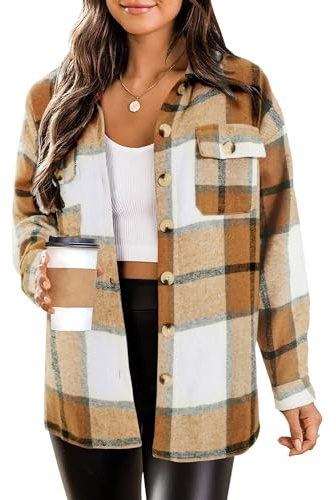 HOTOUCH Women Long Sleeve Plaid Flannel Coat Shacket Khaki