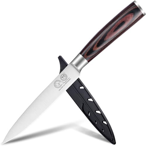 XYJ Autentico dal 1986, coltello da cucina da 5 pollici, coltello Santoku giapponese in acciaio inossidabile, carne taglierina per tagliare carne, manico in legno di Pakka, coltello da chef