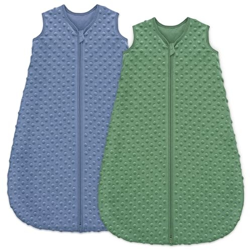 Unnivoll Baby Sleeping Bag 1.5 Tog with Plush Dots Sleep Bag 2 Pack Baby Sleep Sack Wearable Blanket for Newborn Infant 6-12 Months Blue&Green