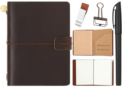 Thenshop Travelers Refillable Leather Journal Notebook Travel Diary Handmade Passport Travelers Journal for Men and Women with 3 Notebook Inserts, Pen Holder, Binder Clip(Dark Brown,Passport Size)