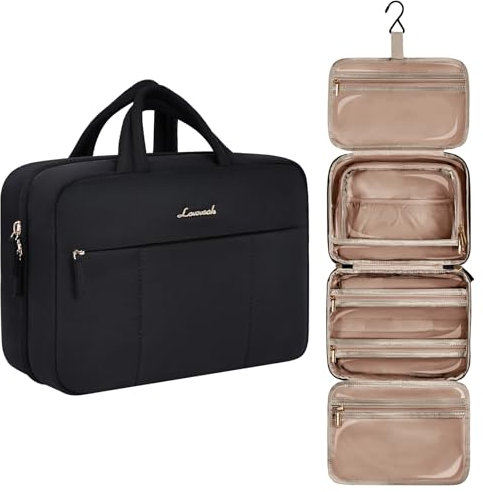 LOVEVOOK Kulturbeutel Damen Heren, Kulturtasche zum aufhängen, Waschtasche Kosmetiktasche mit 4 Fächer, Reisetasche Make Up Bag für Shampoo Reise-Toilettenartikel Set Hautpflegeprodukt, Schwarz