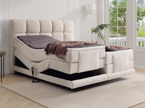 Vente-unique-Boxspringbett mit Bett-Kopfteil + elektrisch verstellbare Lattenroste + Matratzen + Topper - 2 x 90 x 200 cm - Bouclé-Stoff - Beige - OMILA von Palacio