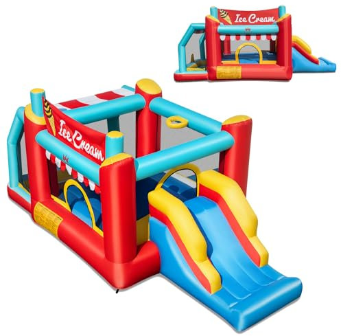 HOMFME Chateau Gonflable Géant pour Enfants 5 en 1, Thème de Glace, Aire de Jeux d’Extérieur avec Toboggan, Panier Basket, Idéal pour Enfants 3+ Ans, 475 x 219 x 198 CM ([sans souffleur],Glace)