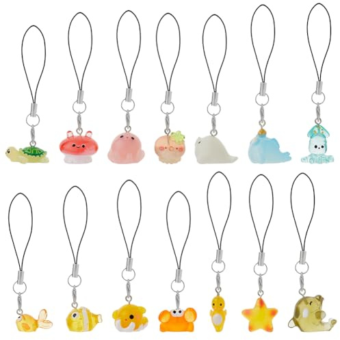 DICOSMETIC 14Pcs Phone Wrist Strap Cute Phone Charms Ocean Animal Charms Lanyard Strap Kawaii Cellphone Keychain Resin Octopus Turtle Cell Phones Pendant Accessories for Bag Backpack Camera