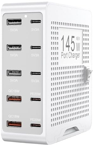 Lnhgh Estación De Carga USB De Múltiples Puertos,Hub De Carga Para Teléfonos | Cargador De Estación De 10 Puertos PD QC3.0 145W Portátil Para Teléfono Tableta Reloj Y Ordenador En Casa