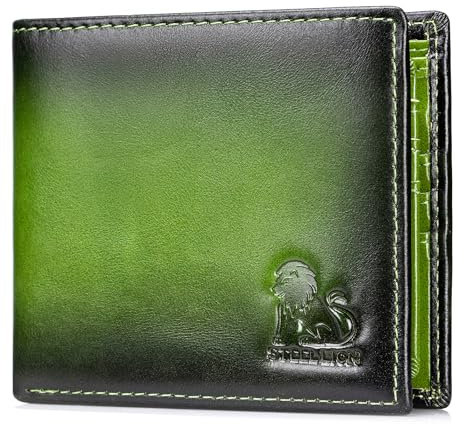 STEELLION Men's Cowhide Leather RFID Wallet, Slim Bifold (Green) | 2 Clear ID Windows, 10 Card Slots, Zipper Coin Pocket, Gradient Finish for Business, Travel, Daily Carry and Gifts