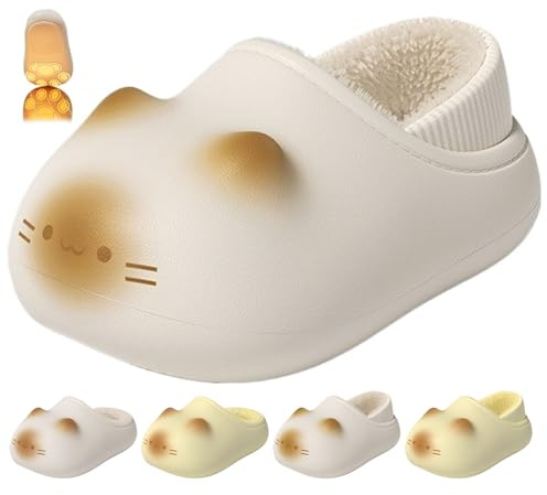 AMOUSDRDR Pantoufles en polaire pelucheuse avec empreintes de pattes de chat pour femme, chaussons mignons en forme de patte de chat pour l'hiver, chaussures d'intérieur chaudes, Beige B., 38 EU
