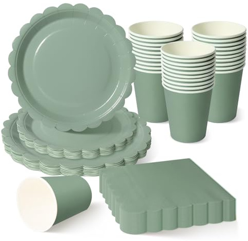 ZblPyro Set Stoviglie per Feste Verde Salvia (30 Ospiti), con Piatto di carta ondulato 23cm e 18cm, Bicchieri di carta, Tovaglioli, Per Matrimonio Boho e Feste Giardino