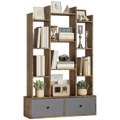 HOMCOM Tree Bookshelf, 12-Tier Floor Standing Bookcase with 2 Foldable Drawers, Freestanding Book Shelf Storage Display Shelving Unit for Living Room, Home Office, Bedroom, Rustic Brown