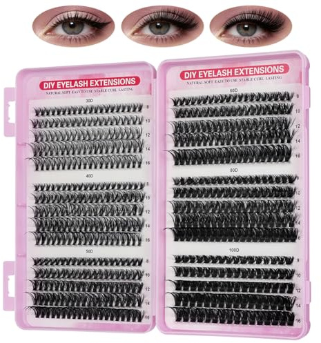 HOTUT Pestañas Postizas Naturales Cluster Lashes, 30-40-50-60-80-100D Pestañas Pelo a Pelo, 580pcs Extensión de Pestañas Individuales Ruso, 8-16mm Cluster Lashes Kit para Principiantes
