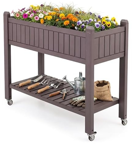 COSTWAY Huerto Urbano Elevado Mesa de Cultivo con Ruedas, Caja de Planta Divisible con Monitor de Agua, Orificio de Drenaje y Estante para Verduras y Hierbas, para Cultivo Plantas Flores Verduras