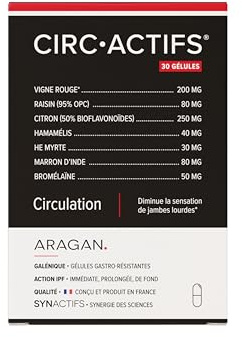 ARAGAN - Synactifs - Circactifs - Complément Alimentaire Circulation, Jambes Lourdes - Vigne Rouge, Raisin, Citron, Sélénium, Huile essentielle - 30 gélules - 15 jours de prise - Fabriqué en France