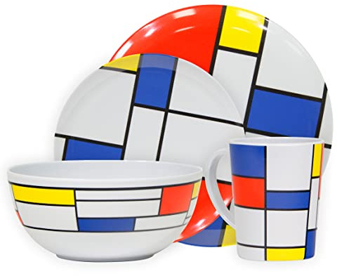 Leisurewize LWACC379 Melamine 16 Pcs Dinner Set - Plates, Bowls, Mugs, Side Plates - De Stijl, Artist Design, Heat Resistant, Dishwasher Safe