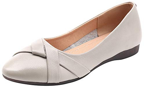 rismart Women's Leather Ballet Pumps Slip on Low Wedge Comfortable Work Shoes SN02549(Beige,5 UK)