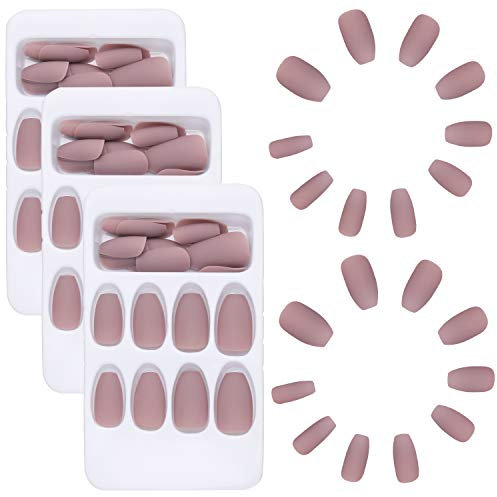 BBTO 72 Stück nackte rosa matte künstliche Nägel, vollständige Abdeckung, Sarg, künstliche Nägel, Tipps mit Nagelkleber, Nagelfeilen, Holzstäbchen für Frauen und Mädchen, DIY-Nagelzubehör