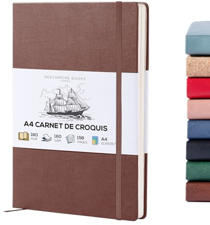 Beechmore Books A4 Sketchbook – 8.5x11 Premium Vegan Leather Bound Large Sketch Book Hardcover With 156 Thick 160gsm Perforated Ivory Pages, Blank Sketch Pad, Gift Boxed, Back Pocket, Ribbon Bookmark