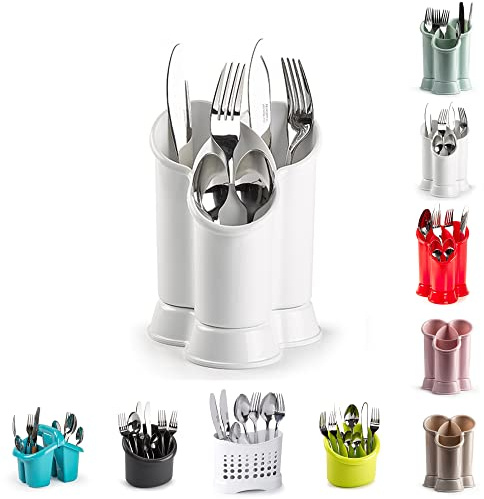 Scolaposate con 4 Scomparti | Portautensili in Plastica di Alta Qualità per Cucina | Organizzatore per Strumenti di Pulizia per Casa e Cucina (Bianco - D2)