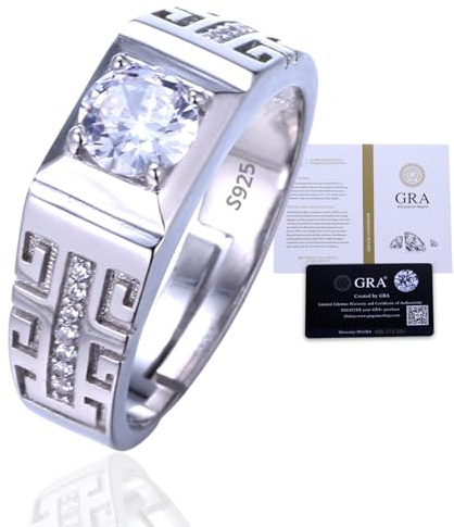HALUKAKAH Men's Moissanite Ring 925 Sterling Silver with 1 Carat Diamond and Certificate,2.0 ct Luxury Engagement Jewelry,Adjustable Size,Royal Symphony,Present for Birthday,Anniversary,Wedding