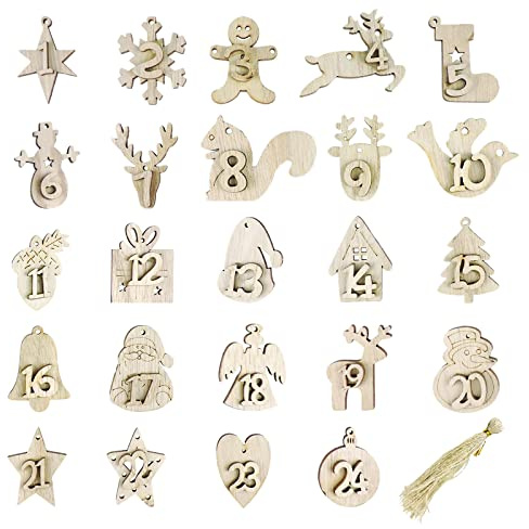 Andiker 24 pièces Numéro Calendrier de l'Avent en bois, 1-24 Pendentifs Compte à rebours avec corde, Arbres de Noël Suspendus Ornements pour étiquettes-cadeaux Décorations d'artisanat Bricolage