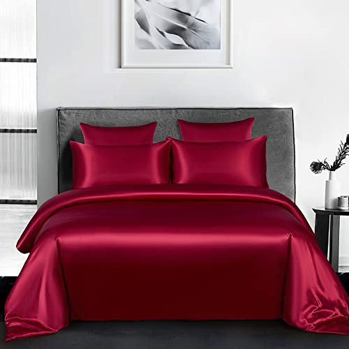 Michorinee Housse de Couette Satin 220x240 Vin Rouge avec 2 Taies d'oreiller 65x65 cm Parure de Lit Adulte 2 Personnes Linge de Lit Satin de Soie Brillante avec Fermeture Éclair