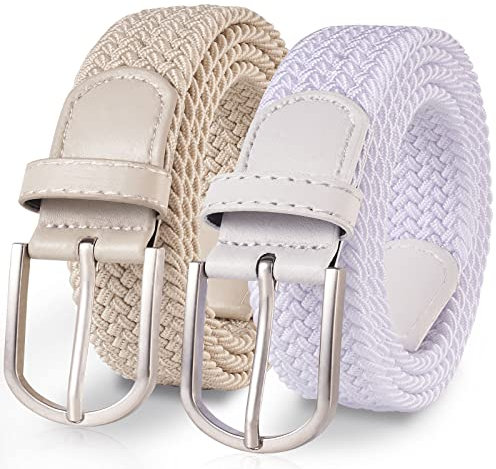 TANGCHAO 2 Stücke Stoffgürtel Stretchgürtel Elastik Flechtgürtel Geflochtener und Elastischer Dehnbarer Gürtel für Damen und Herren Breite 3.3cm Weiß+Beige 105cm