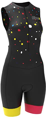 Dam cykling skinndräkt kvinnor vadderad en del trisuit cykel topp kort sublimerad design haklapp kort, Ärmlös-röd/gul, S