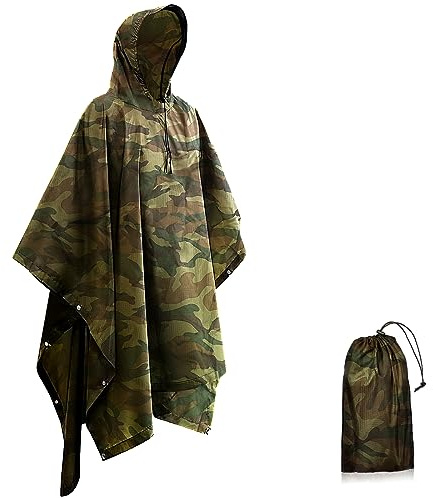 Seyobs Poncho de lluvia para hombre y mujer, impermeable, unisex, 210T Oxford, poncho de lluvia para bicicleta, poncho 3 en 1 para caza, picnic al aire libre, trekking, camping, pesca, camuflaje, L-XL