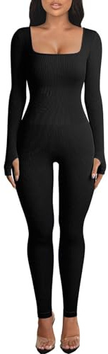 BFACCIA Women's Fitness Jumpsuit Workout Yoga Unitards Full Body Romper Long Sleeved Ribbed Playsuits Square Neck Solid Color High Waist Tight Daily Wear One Piece Bodysuit Sportwear