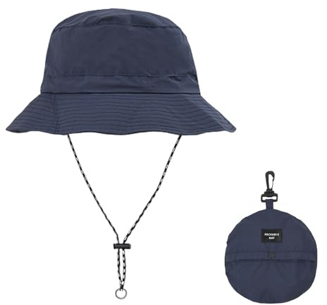 MOODKEY Waterproof Bucket Rain Hat with Chin Strap, Packable Sun Hat for Men Women Summer Lightweight Hiking Outdoor Cap Quick Dry Fishing Bucket Hat(Navy Blue)