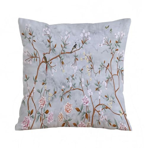AELKSP Kissenbezug Kissenhülle Haus Dekorativ Für Jungen/Mädchen Wohnzimmer Schlafzimmer Sofa Stuhl Kissenbezüge,Dünne Zweige mit rosa Blüten auf grauem Marmorhintergrund,50x50 cm