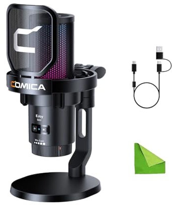 Comica EJoy Uni (D)-Black Microphone for Computer and Smartphone,RGB Cardioid Condenser Gaming Mic for Podcasting,Streaming,Recording,with Desktop Stand