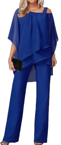 Byxdräkt Dam Byxdress 3/4 Batwing Ärmar Tyll Kvällsdräkt Set Tvådelad Oregelbunden Chiffongskjorta och Hög Midja Breda Ben Byxdress Elegant Vintage 2-delad(Blue,XXL)