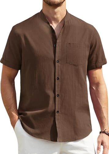 Enlision Chemise en Lin Homme Manche Courte Ete Casual Chemise Col Mao Homme Marron Léger Henley Shirts Boutonnées Slim Fit Vintage de Vacances Plage S